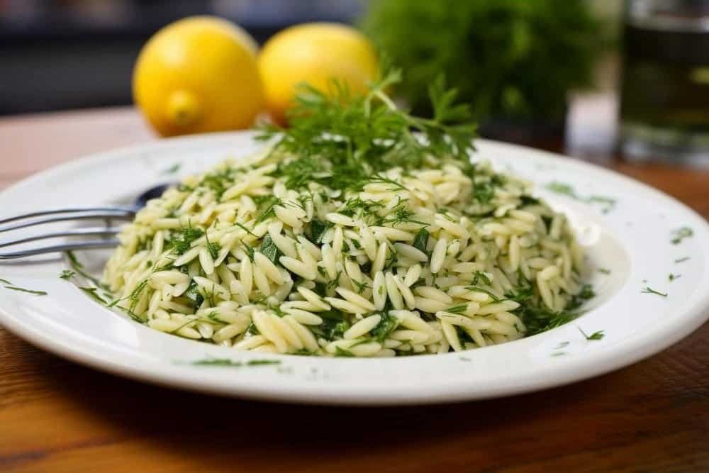 een bord het een orzo gerecht erop